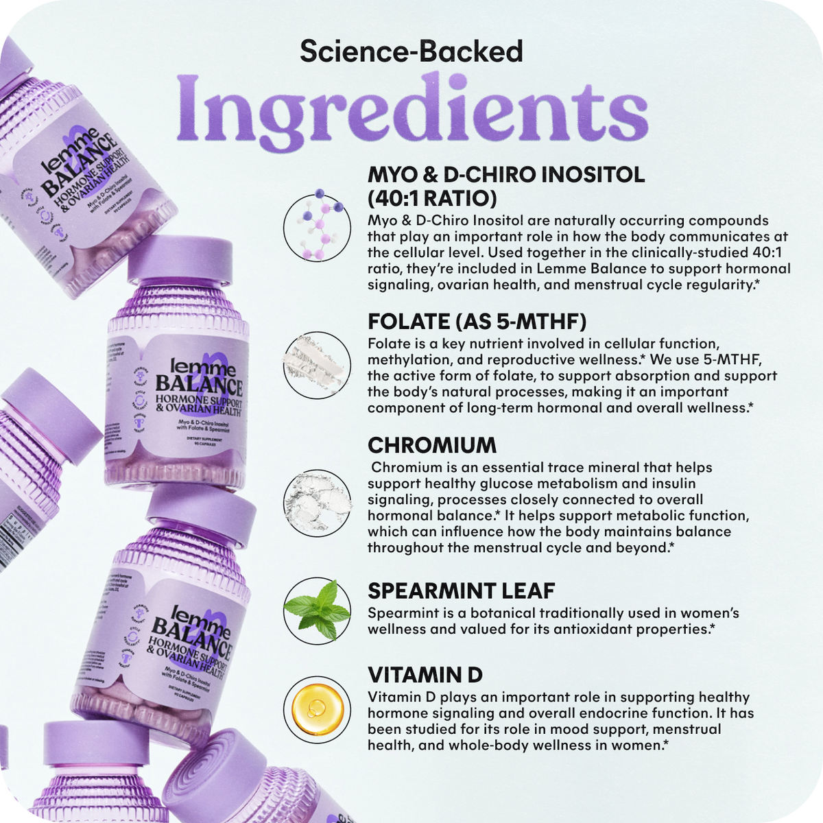 Product label detailing ingredients and their benefits on a purple background