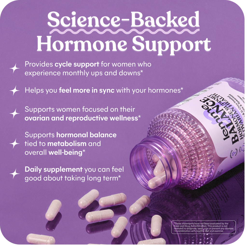 Purple supplement bottle with capsules on a purple background, featuring text about hormone support.