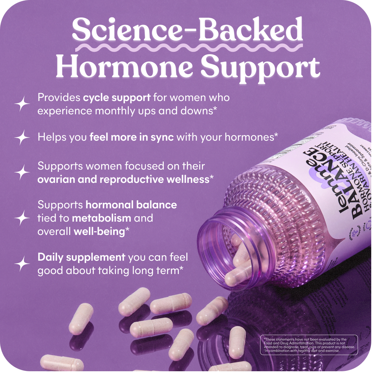 Purple supplement bottle with capsules on a purple background, featuring text about hormone support.