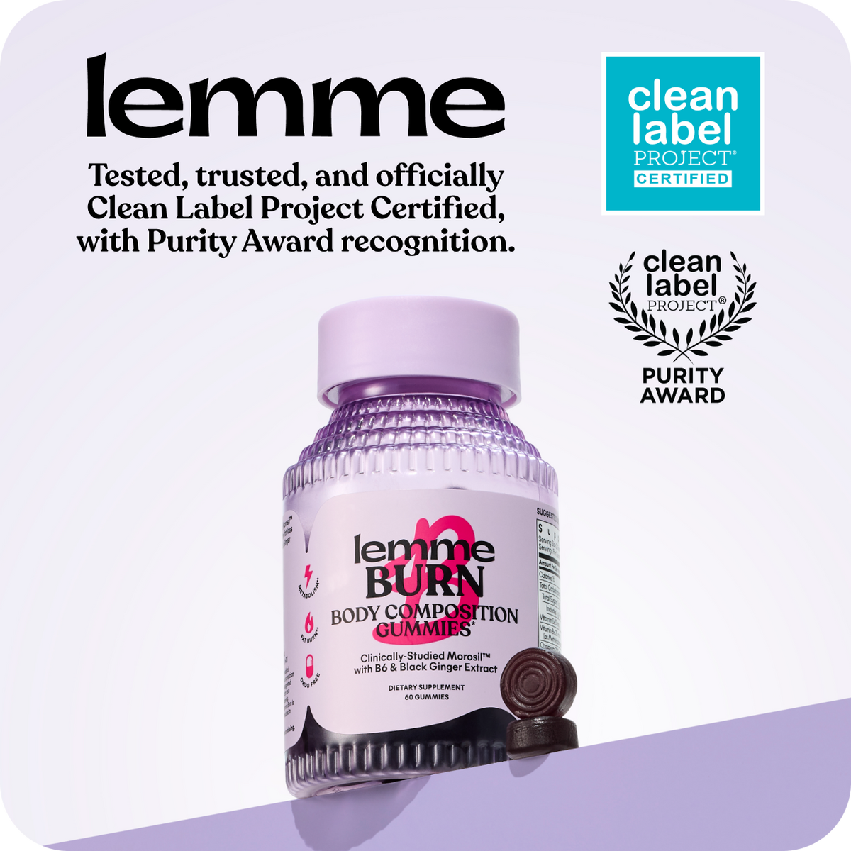 lemme burn body composition gummies with Clean Label Project certification on a white background