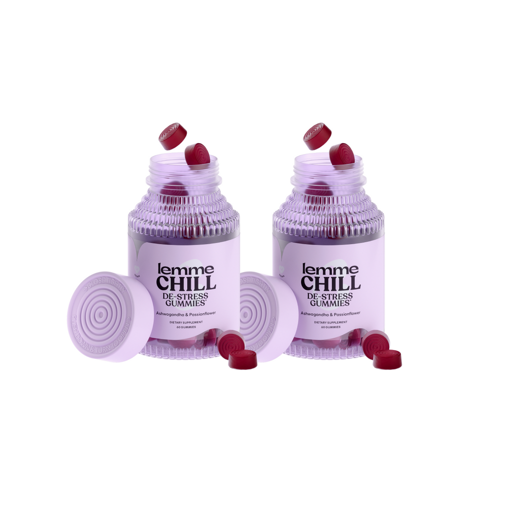 Two bottles of Lemme Chill Gummies, one with the cap facing up showing red gummy candies inside, and the other with the cap facing down revealing a purple textured surface.