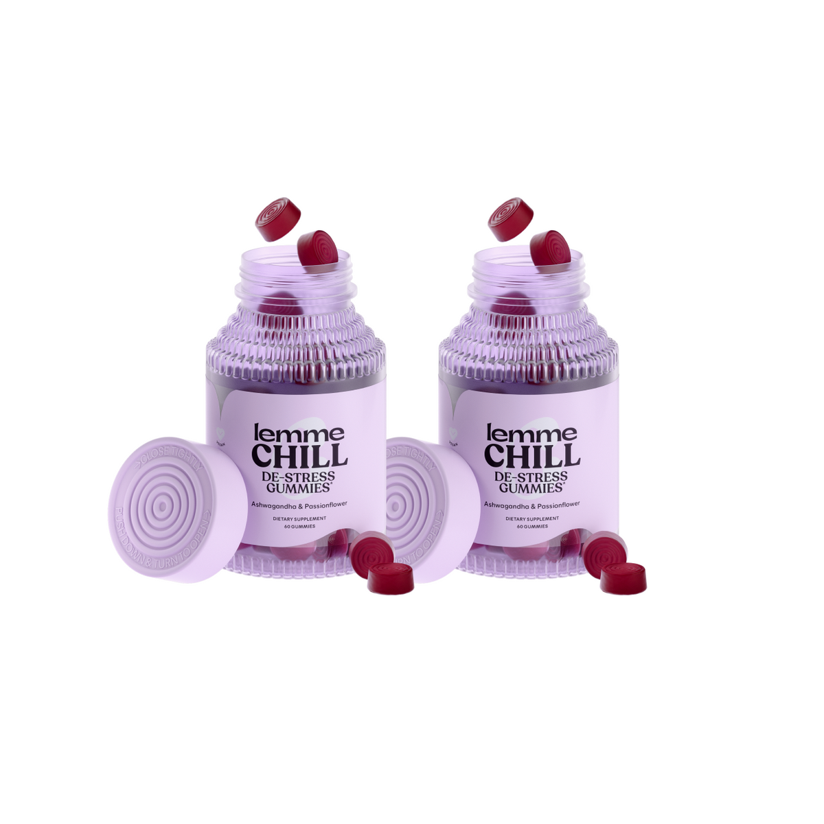 Two bottles of Lemme Chill Gummies, one with the cap facing up showing red gummy candies inside, and the other with the cap facing down revealing a purple textured surface.