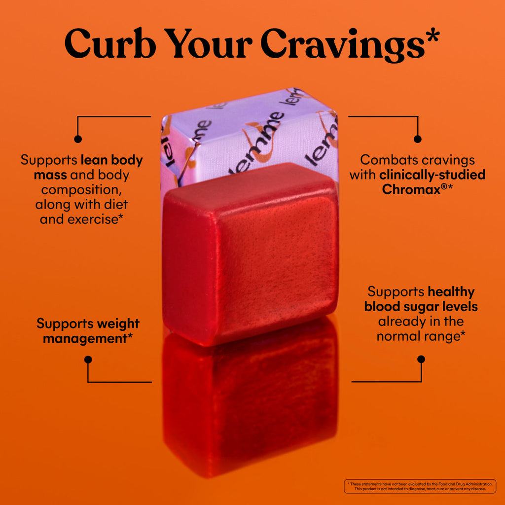 Red multivitamin chew supplement on an orange background, featuring text about health benefits.