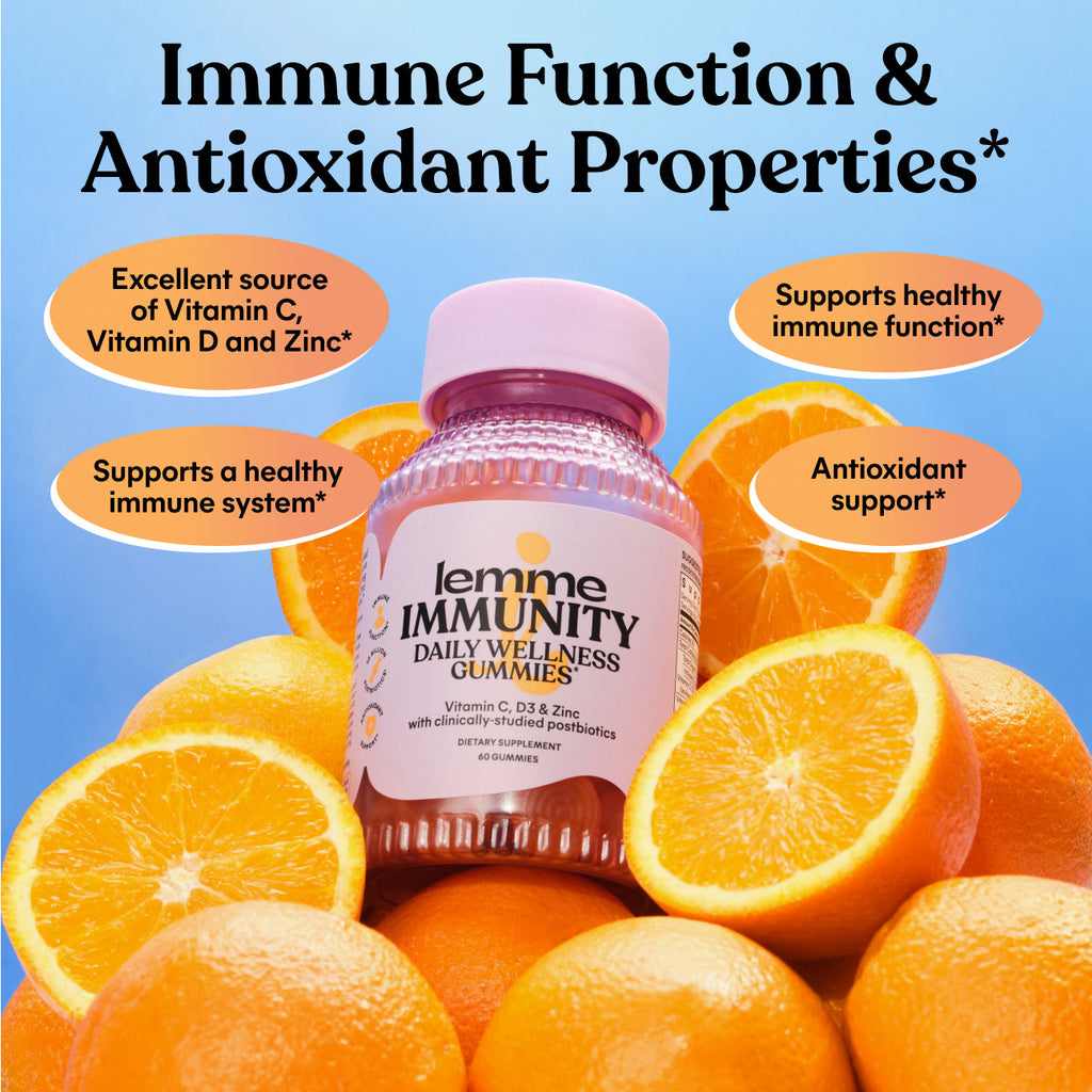 lemme immunity bottle set up on a pile of oranges with text about healthy immune system
