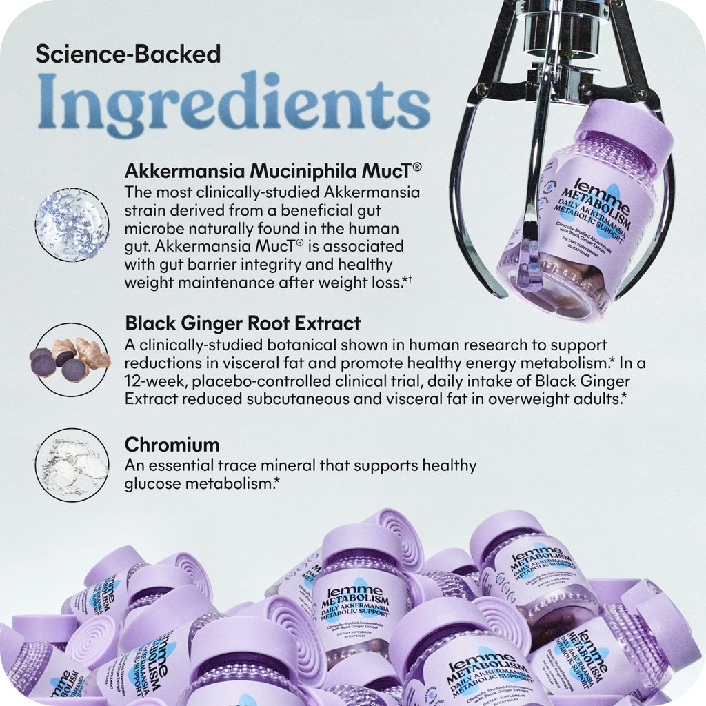 Product packaging with text about science-backed ingredients on a white background