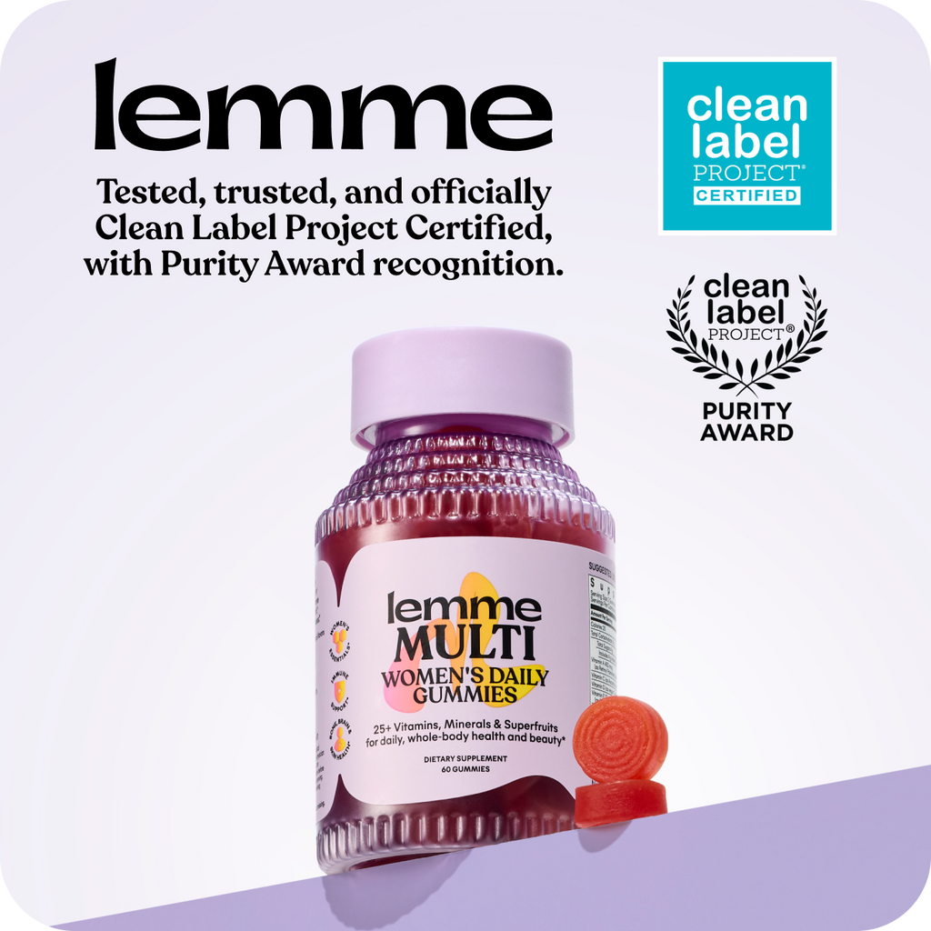 Bottle of lemme Women's Daily Gummies with Clean Label Project certification on a white background