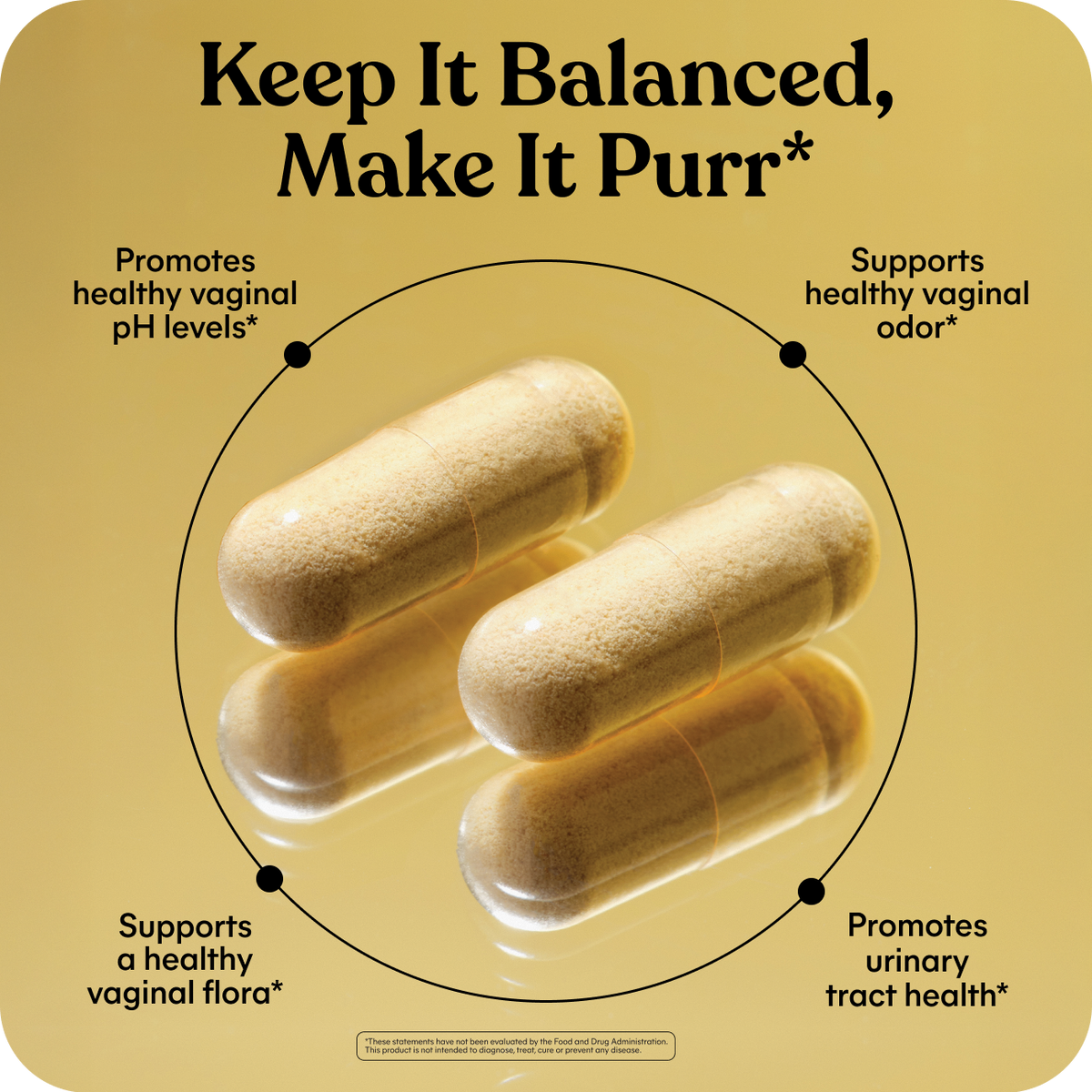 Three capsules on a yellow background with text about health benefits.