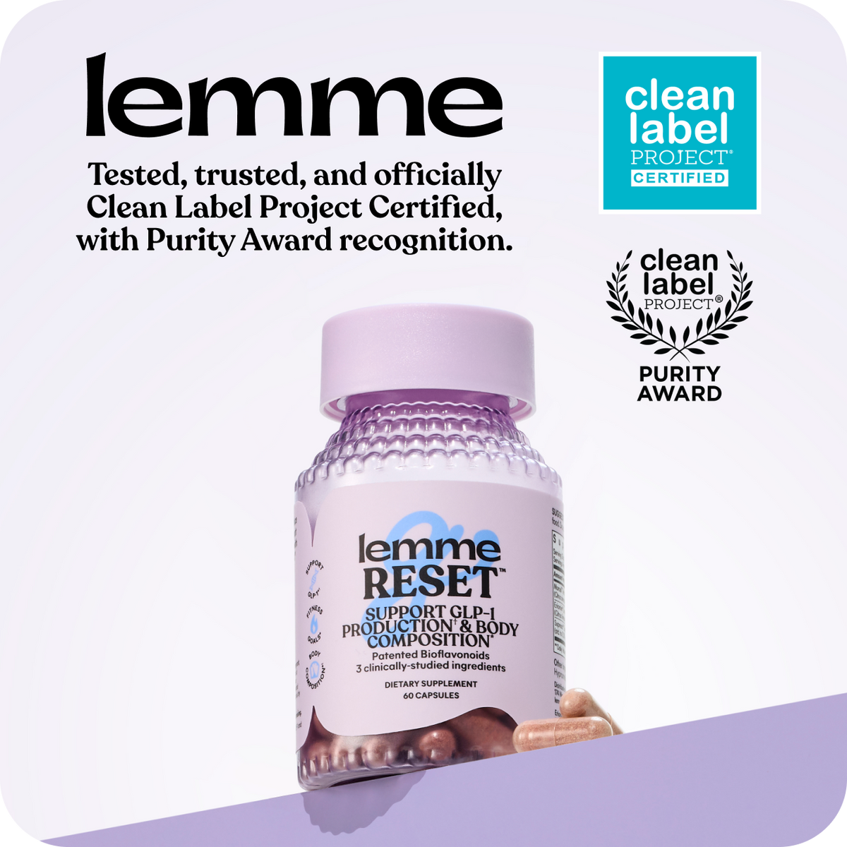 lemme supplement bottle with Clean Label Project certification on a white background
