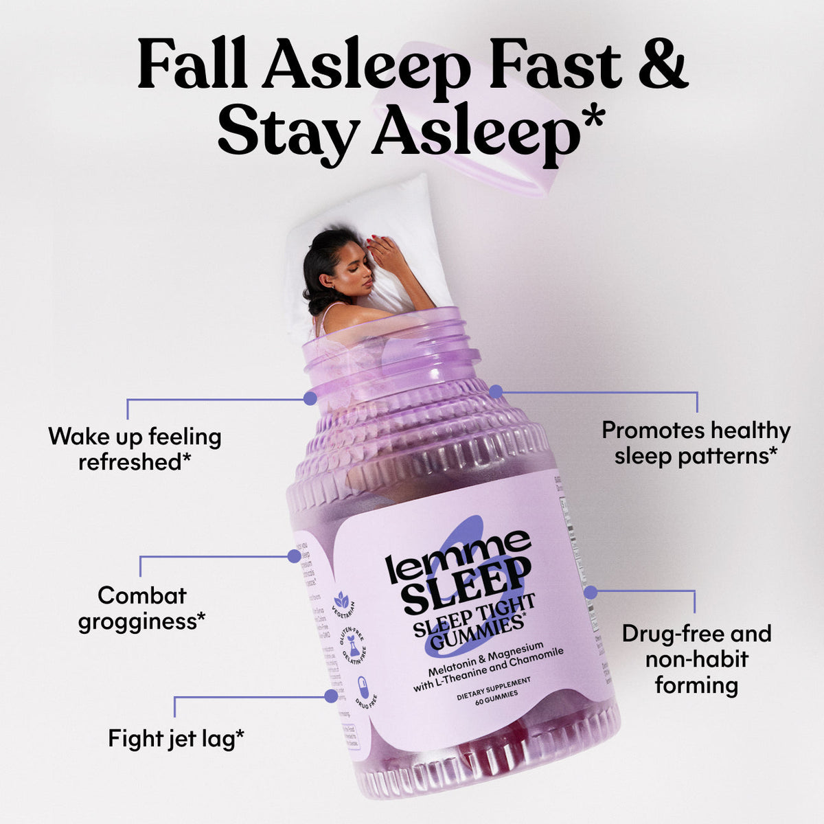 Sleep gummies packaging with text highlighting benefits on a white background