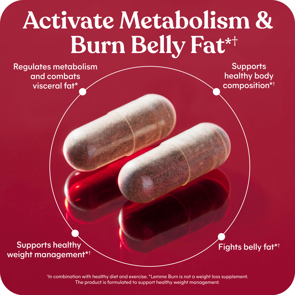 Two capsules on a red background with text about activating metabolism and burning belly fat.