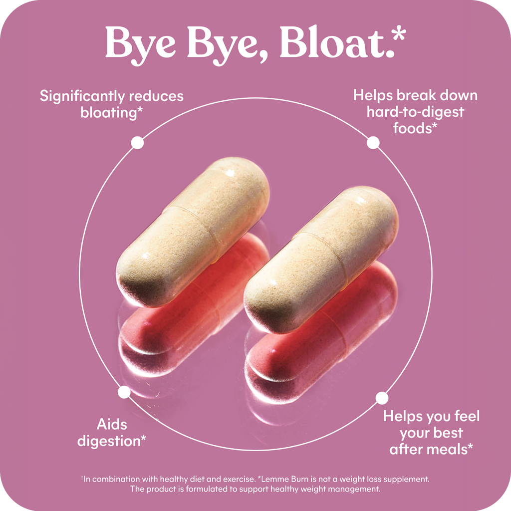 Two capsules on a pink background with text about digestive health and bloat relief.