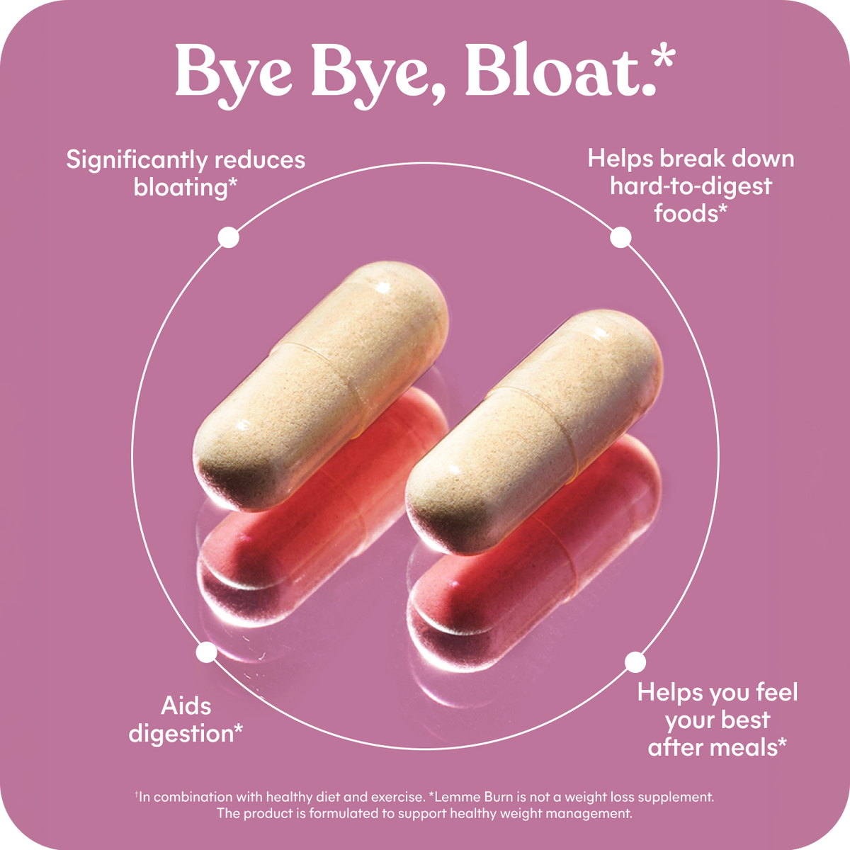 Two capsules on a pink background with text about digestive health and bloat relief.