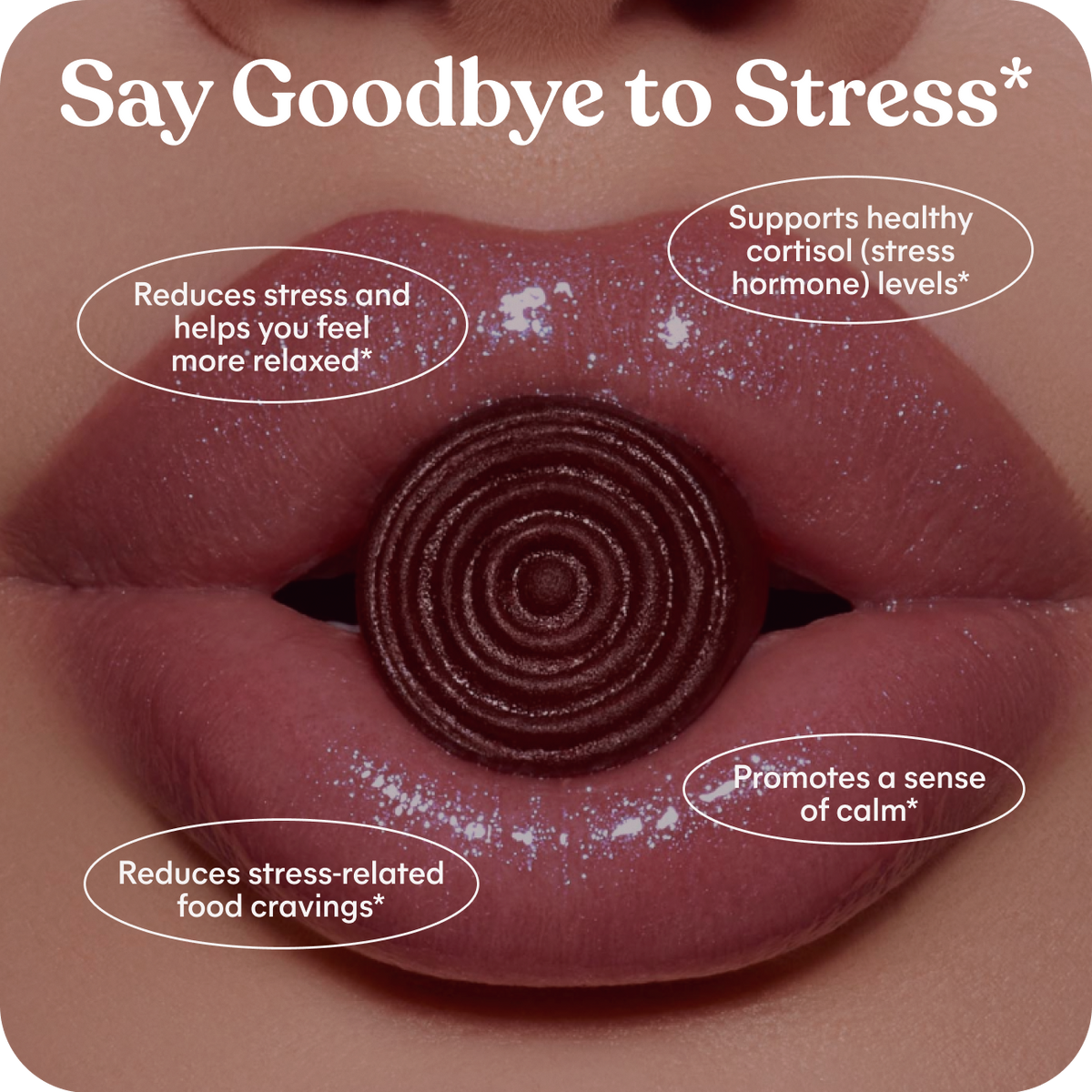 Chocolate candy in a mouth with text about stress relief and health benefits on a brown background