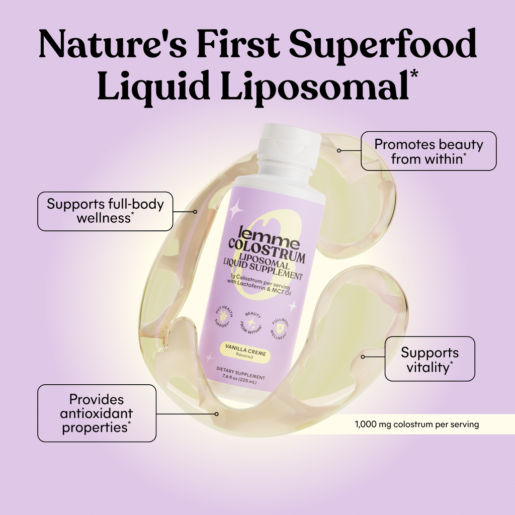 Lemme Colostrum liquid liposomal supplement bottle on a light purple background with text highlighting benefits.