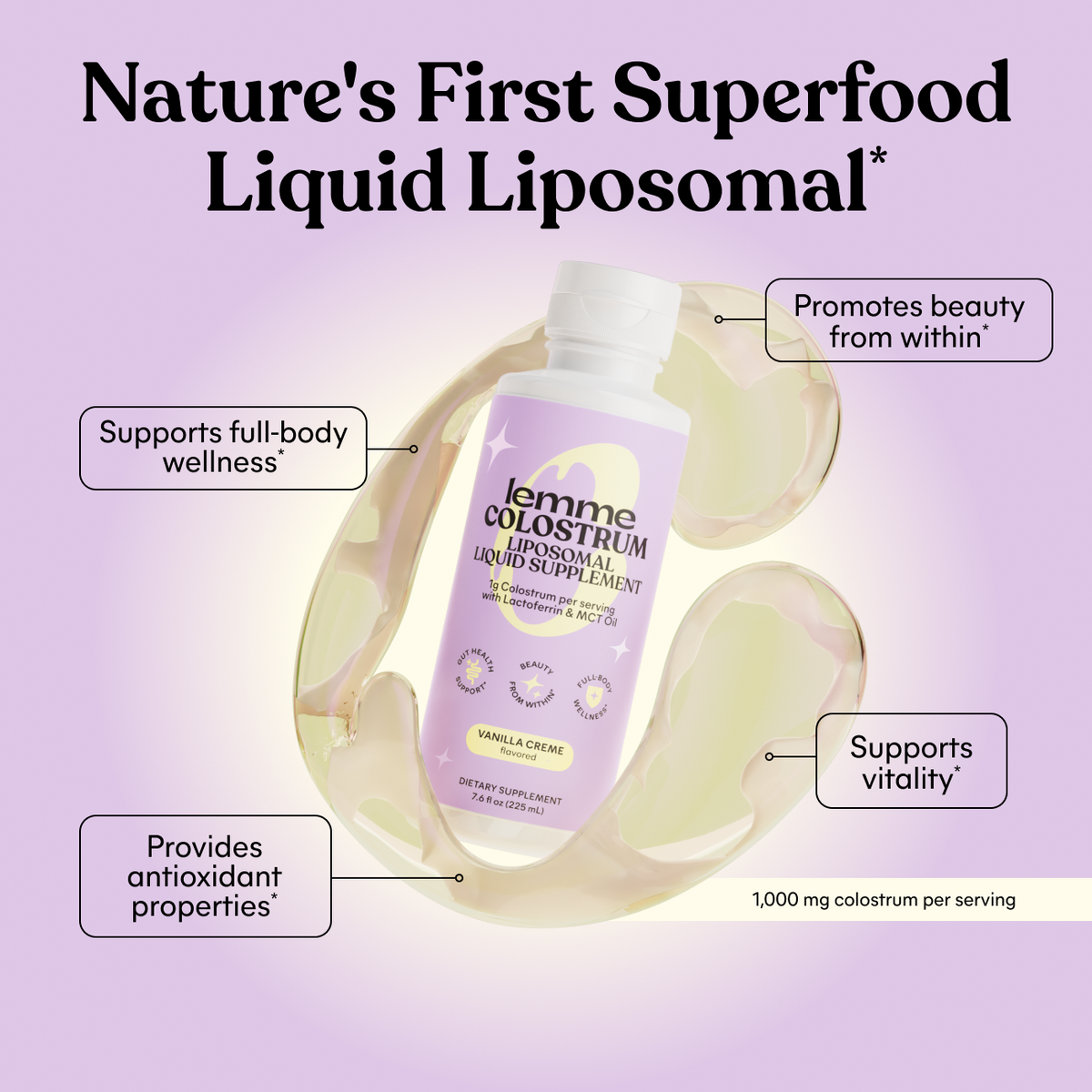 Lemme Colostrum liquid liposomal supplement bottle on a light purple background with text highlighting benefits.
