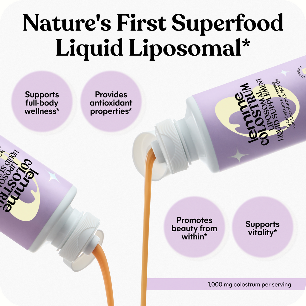 Two bottles of 'Nature's First Superfood Liquid Liposomal' with text highlighting benefits on a white background.