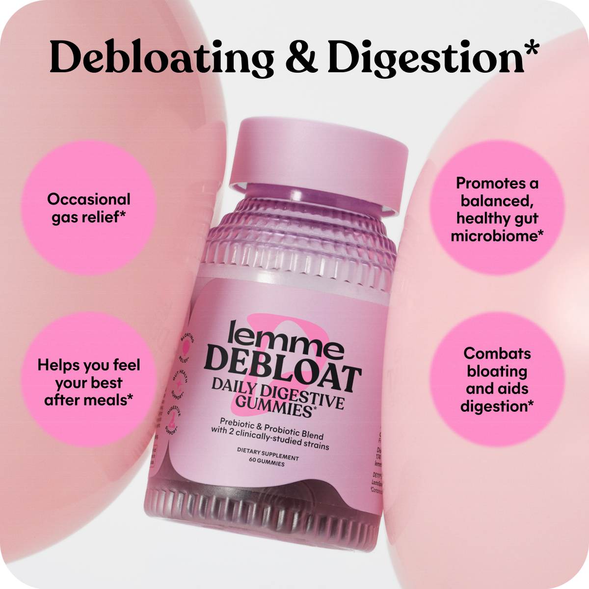 Lemme Deboat daily digestive gummies packaging with text highlighting benefits on a pink background