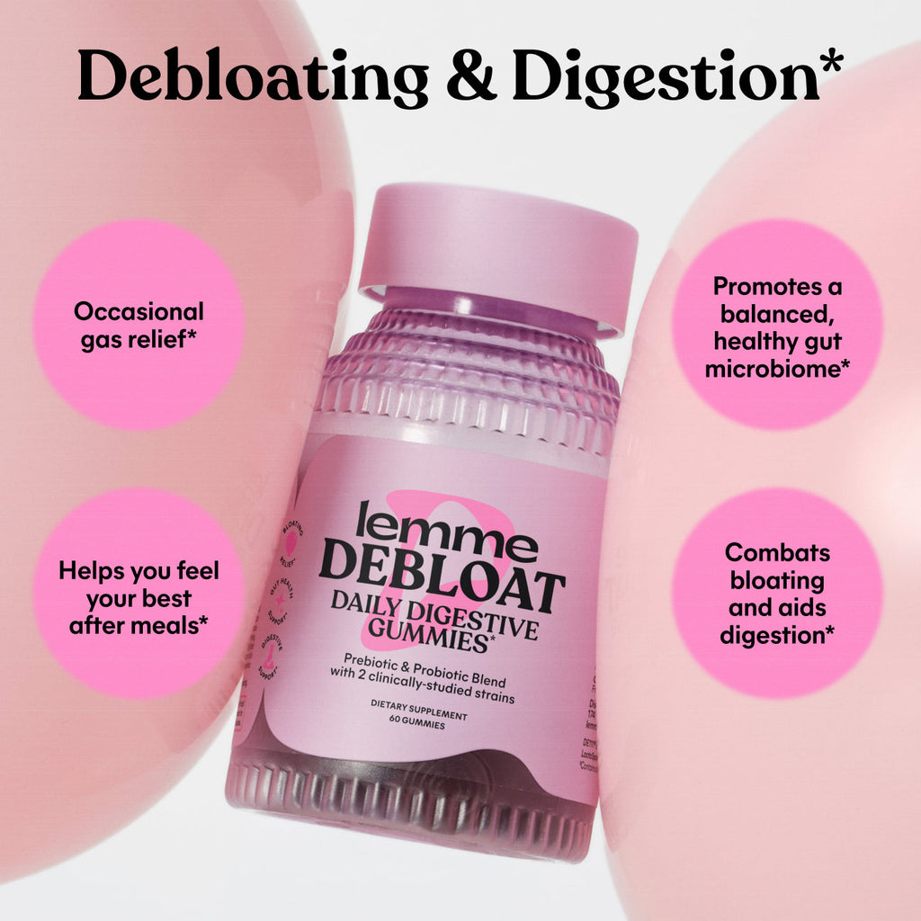 Lemme Debloat daily digestive gummies bottle with text on a pink background
