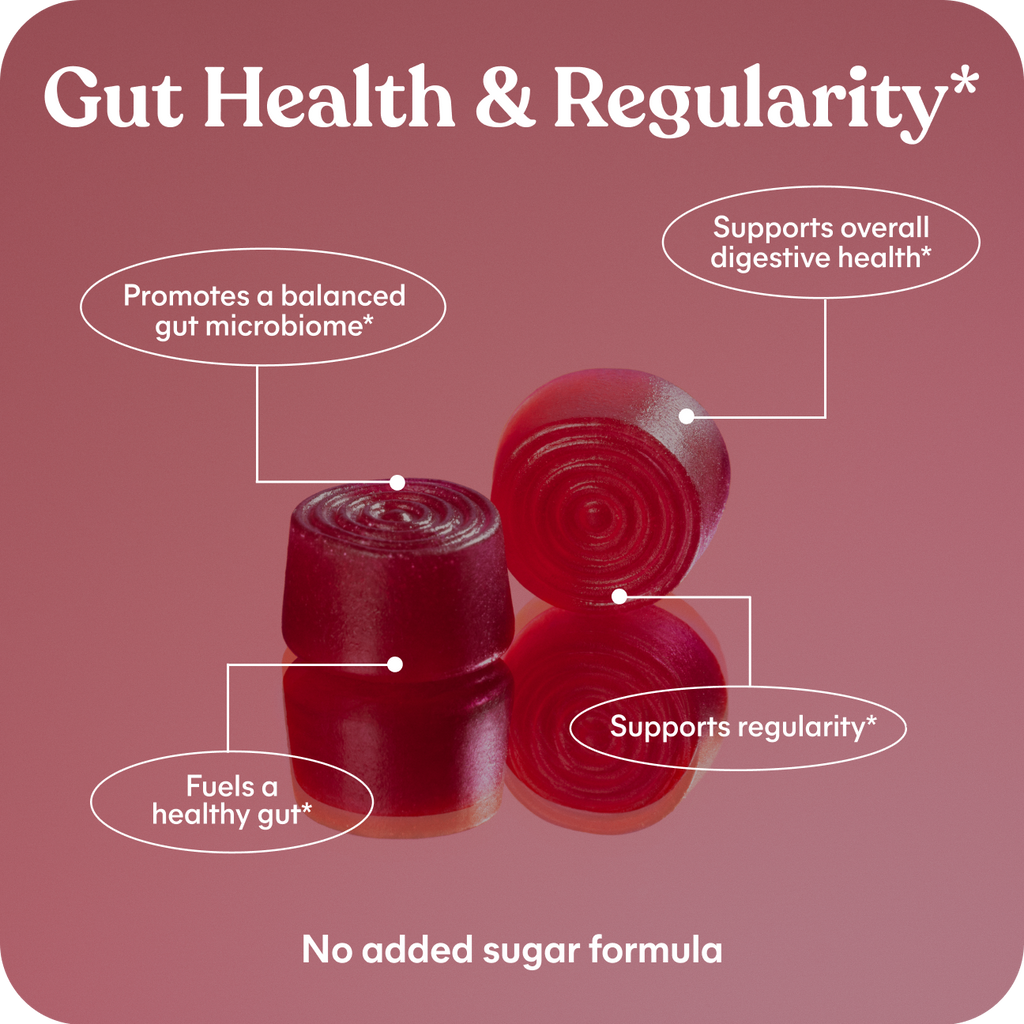 Red gummy bears with text on a pink background about gut health and regularity.