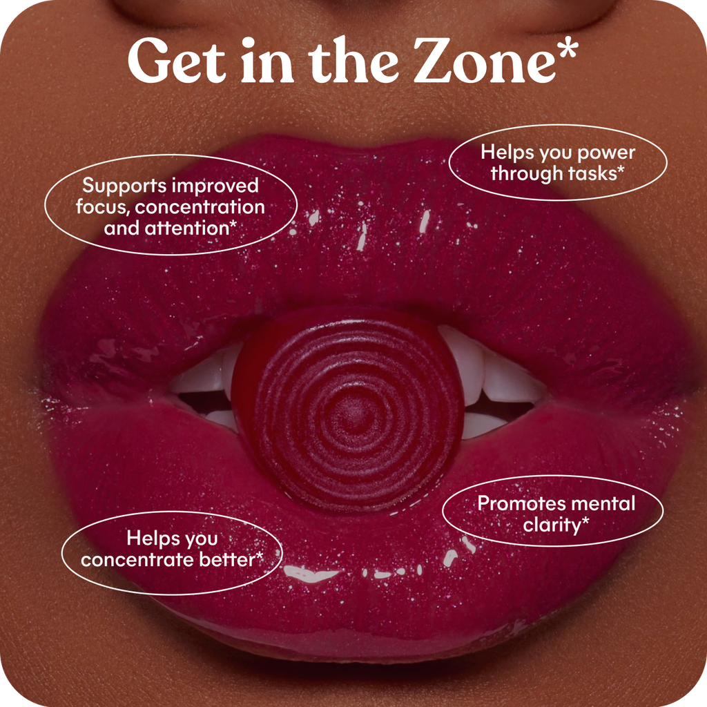 Red gummy bear with text on a brown background, promoting focus and concentration.