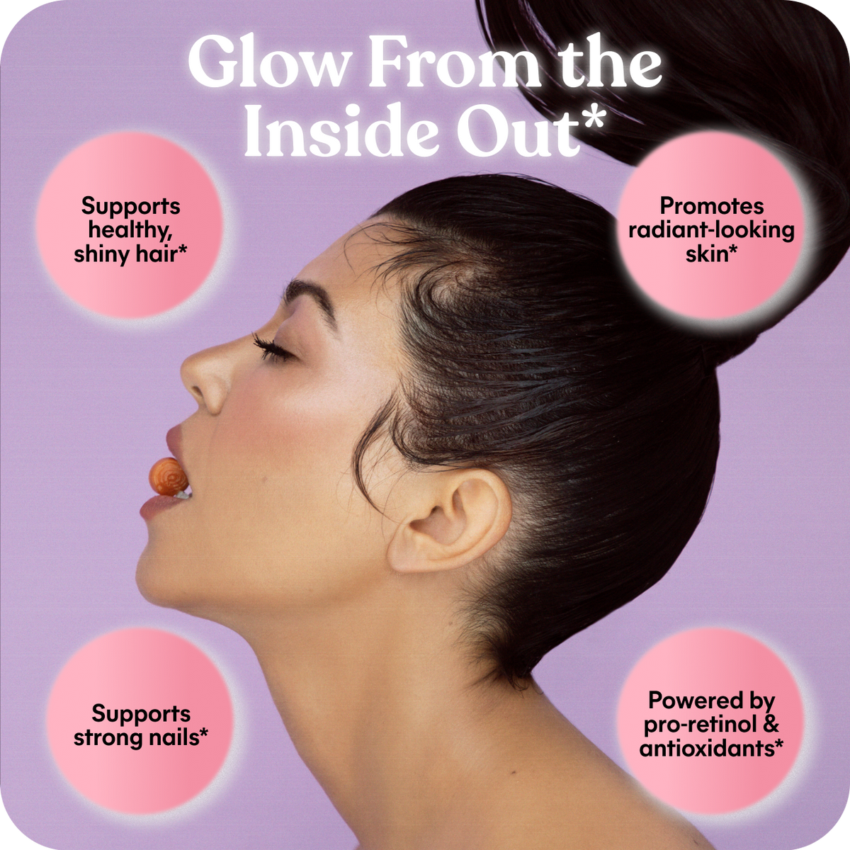 Advertisement for a skincare product with a woman's face and text about benefits on a purple background
