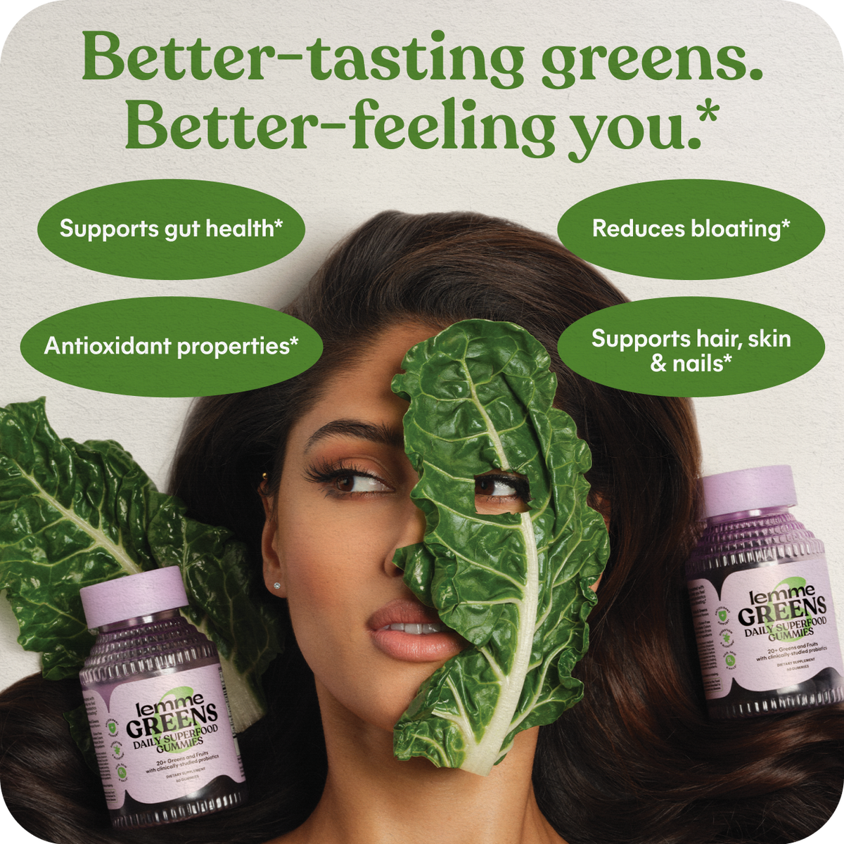 Advertisement for a green supplement with a woman holding a leaf over her face and text about its benefits.