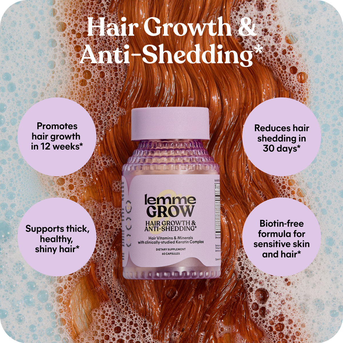 Supplement bottle for hair growth and anti-shedding with text on a background of red hair and shampoo.