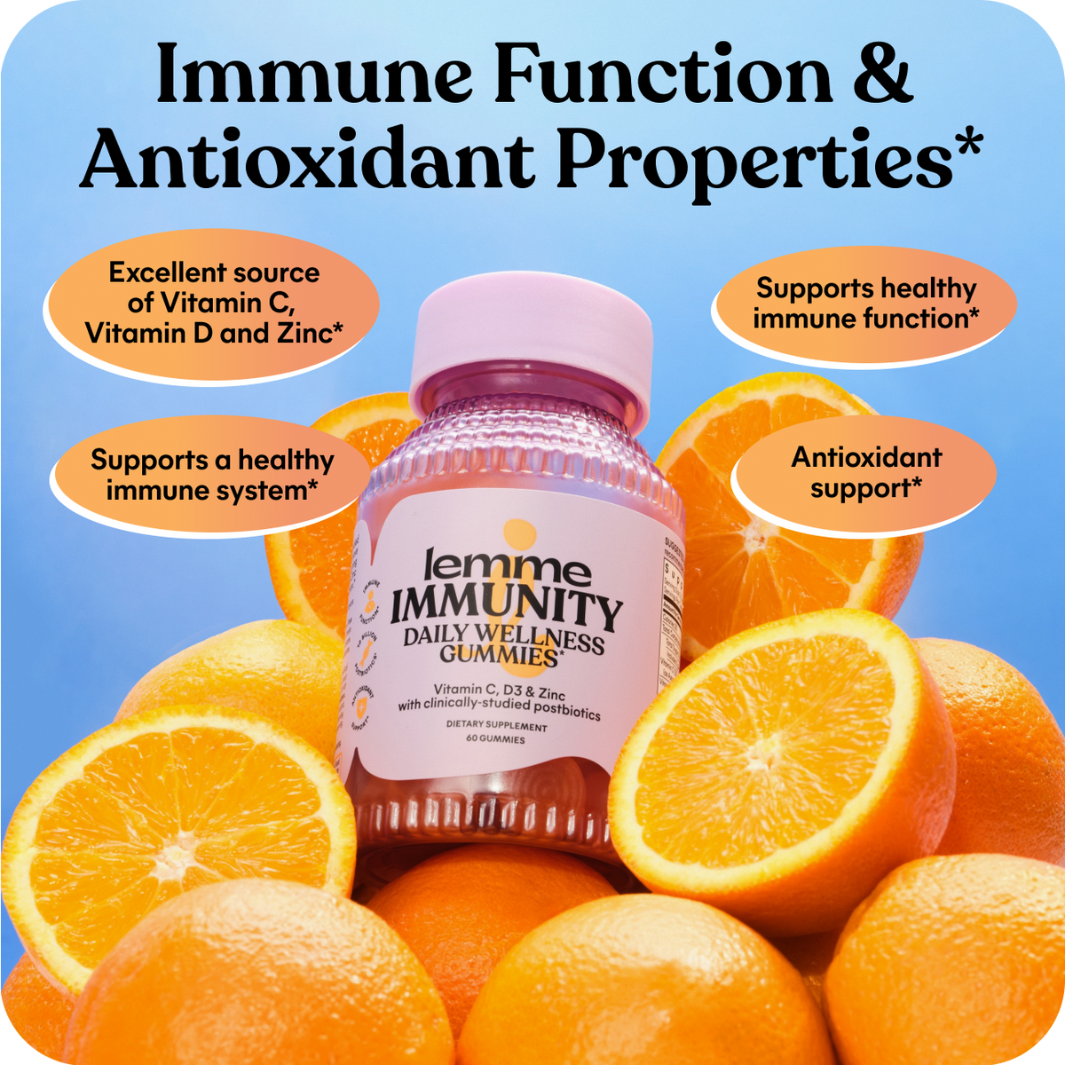 lemme IMMUNITY gummies bottle surrounded by oranges with text highlighting immune function and antioxidant properties.