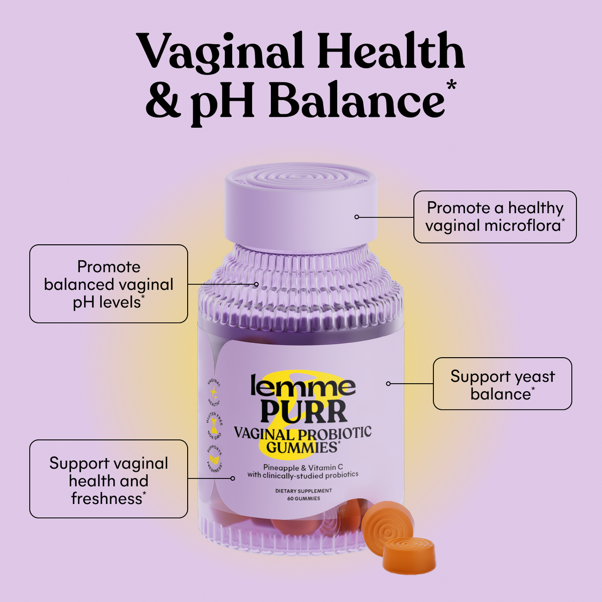 Lemme Purr Vaginal Probiotic Gummies packaging with text on a purple background