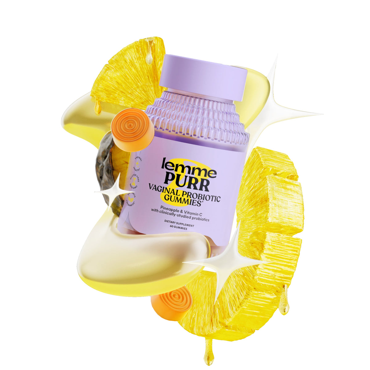 Lemme Purr vaginal probiotic gummies packaging with yellow pineapple-shaped containers on a white background