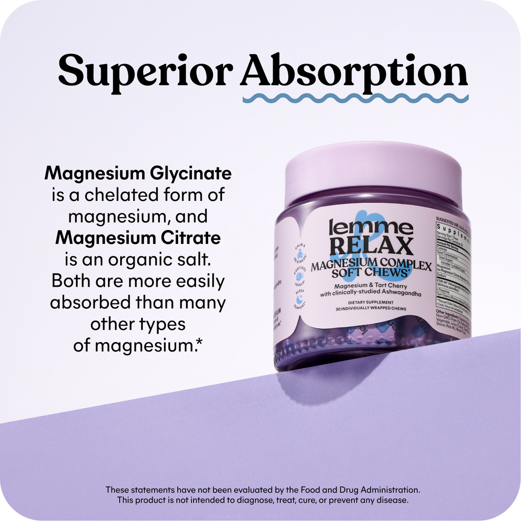 Jar of 'lemme RELAX' magnesium complex soft chews with text about magnesium absorption on a light purple background.