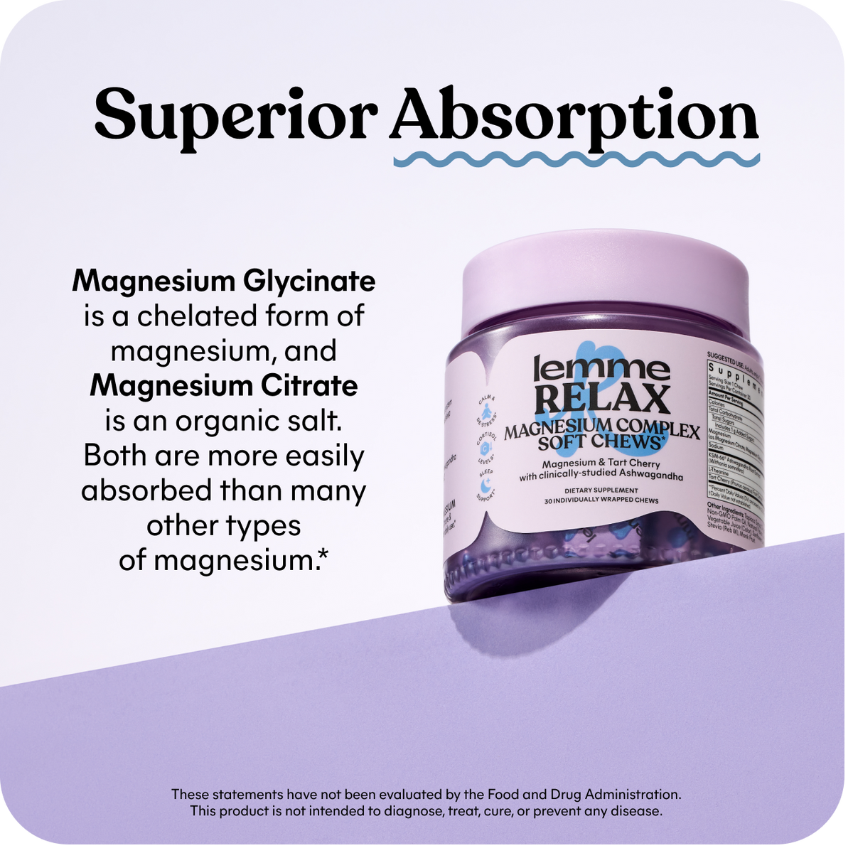 Jar of 'lemme RELAX' magnesium complex soft chews with text about magnesium absorption on a light purple background.