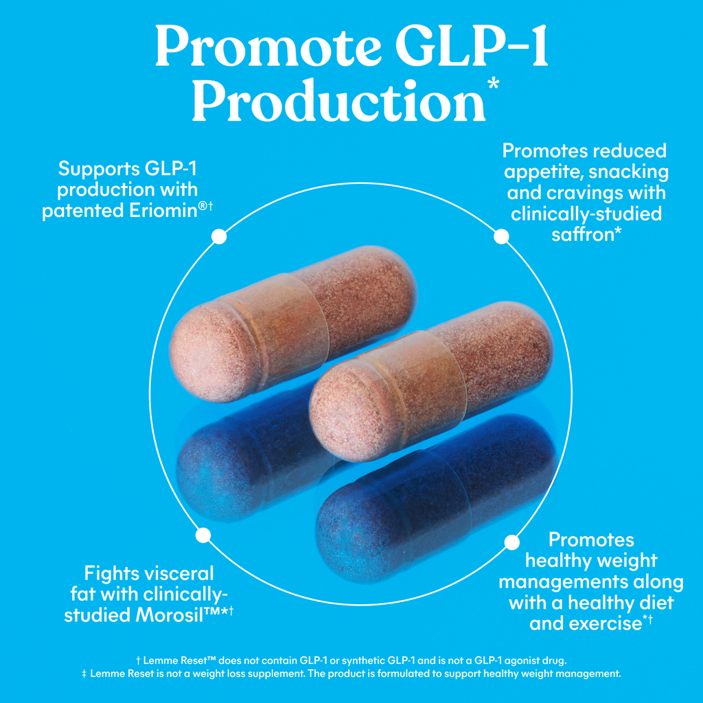 Three capsules on a blue background with text about promoting GLP-1 production.