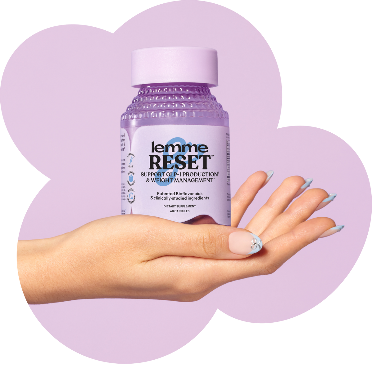 Hand holding a bottle of 'lemme RESET' supplement with a purple background
