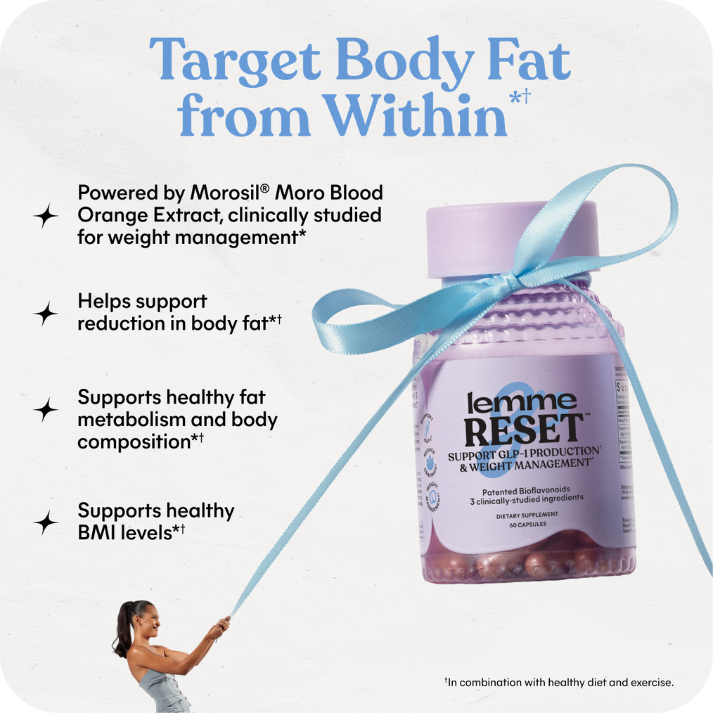 Bottle of lemme RESET supplement with text about weight management and body fat reduction.