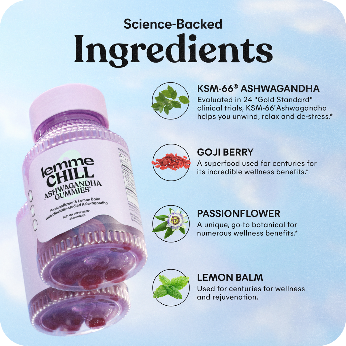 Lemme Chill Ashwagandha gummies with ingredients listed on a light blue background