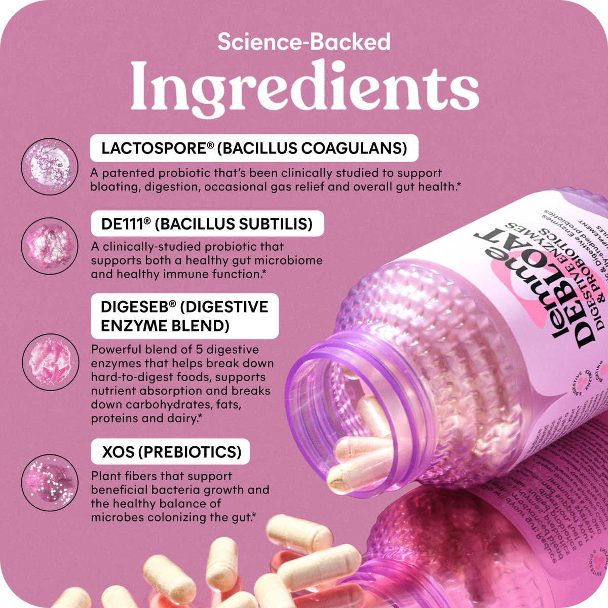 Probiotic supplement bottle with ingredients listed on a pink background