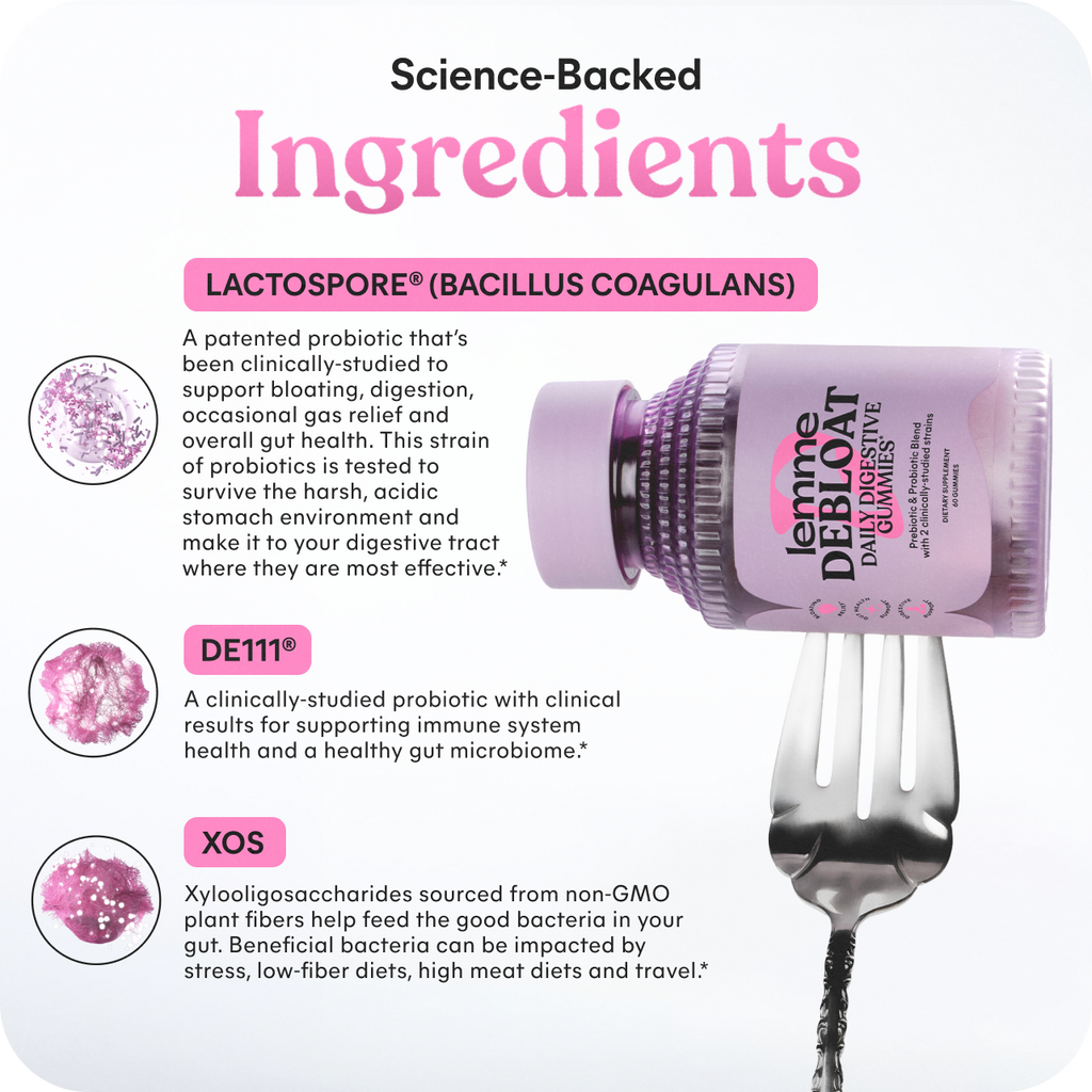 Lame Deboar probiotic product with text about science-backed ingredients on a white background