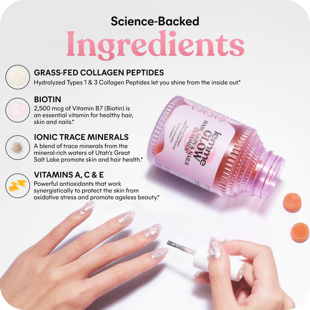 Product packaging with ingredients listed and a hand using a nail tool.