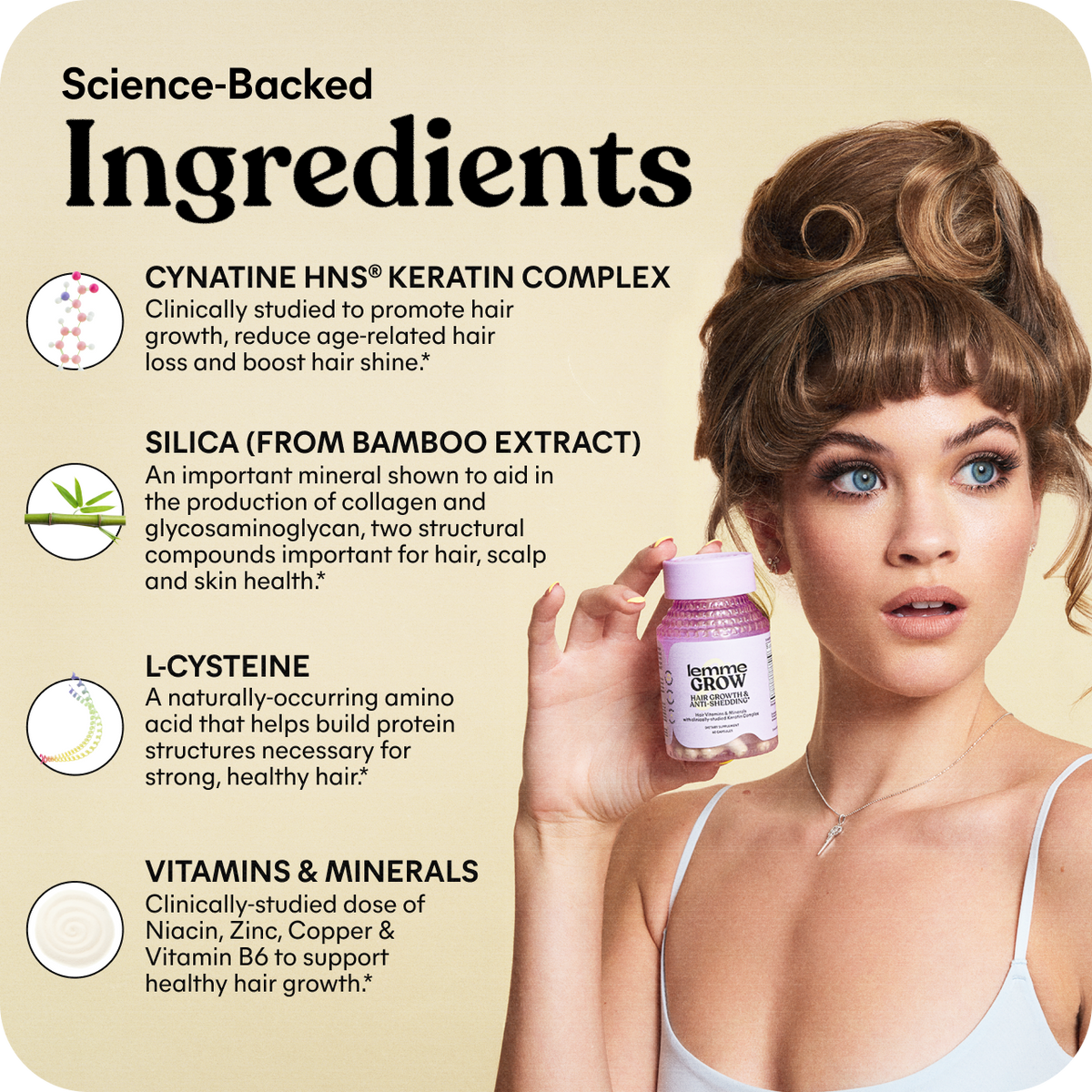 Woman holding a bottle of hair product with science-backed ingredients listed on a beige background