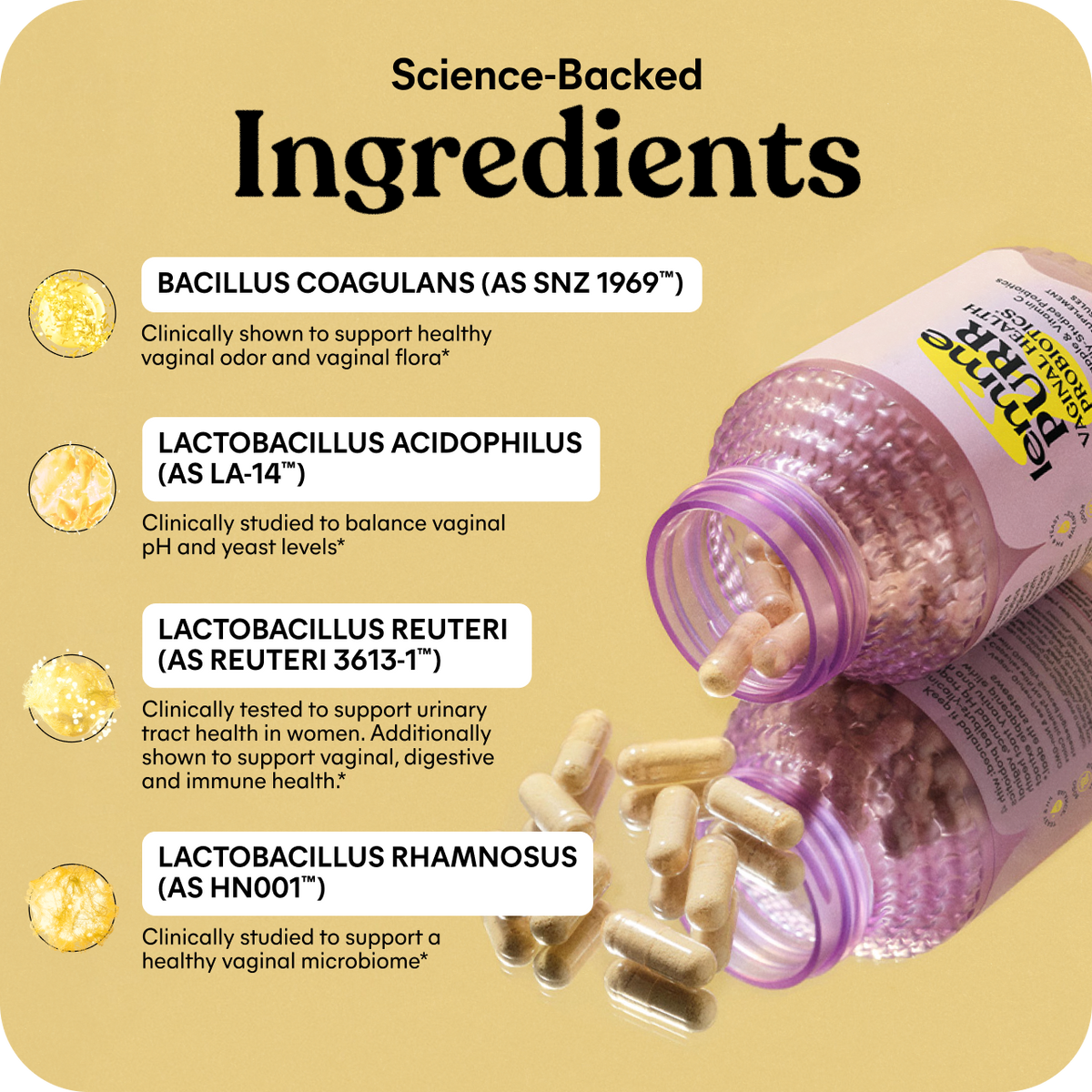 Product packaging with science-backed ingredients on a beige background