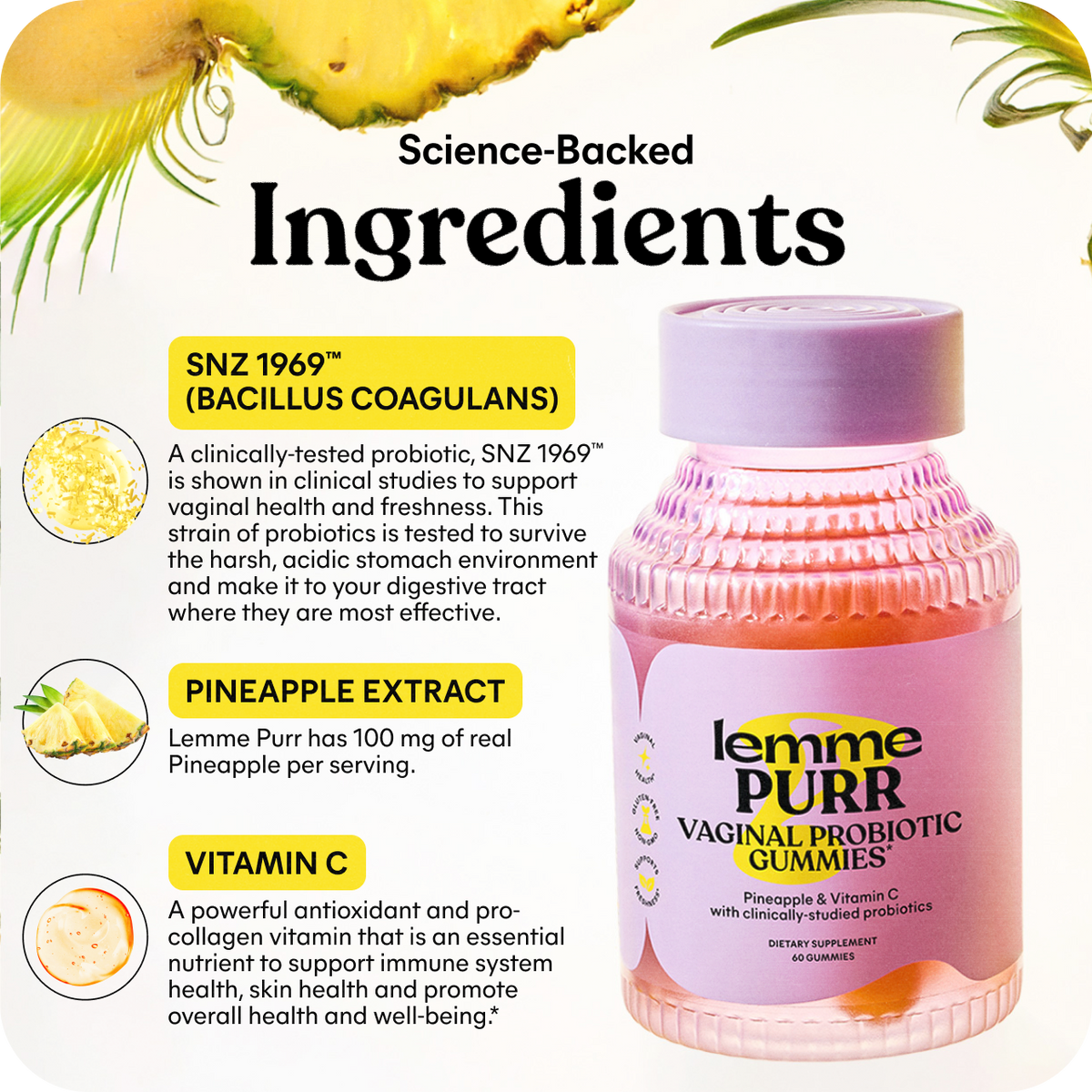 Lemme Purr vaginal probiotic gummies with pineapple extract and vitamin C, science-backed ingredients highlighted.