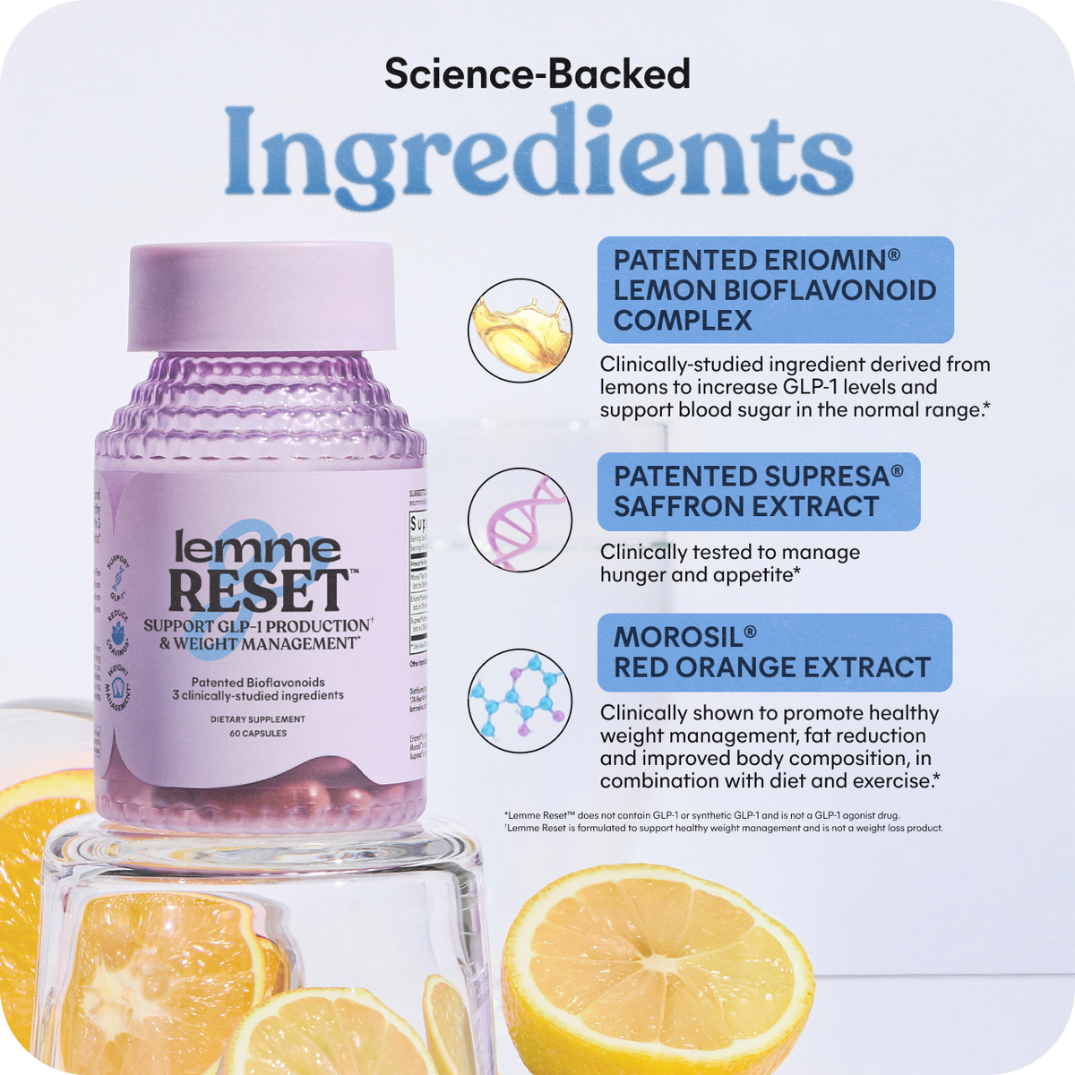 Lemme Reset supplement bottle with lemon slices on a light blue background