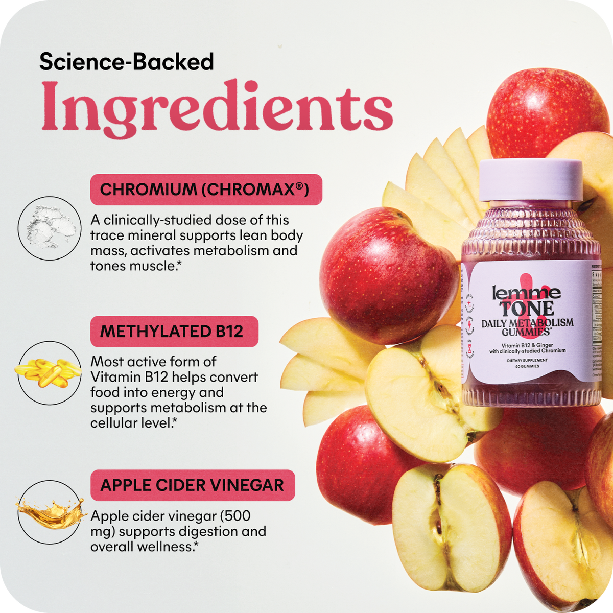 Vitamins with apples and text about science-backed ingredients on a white background