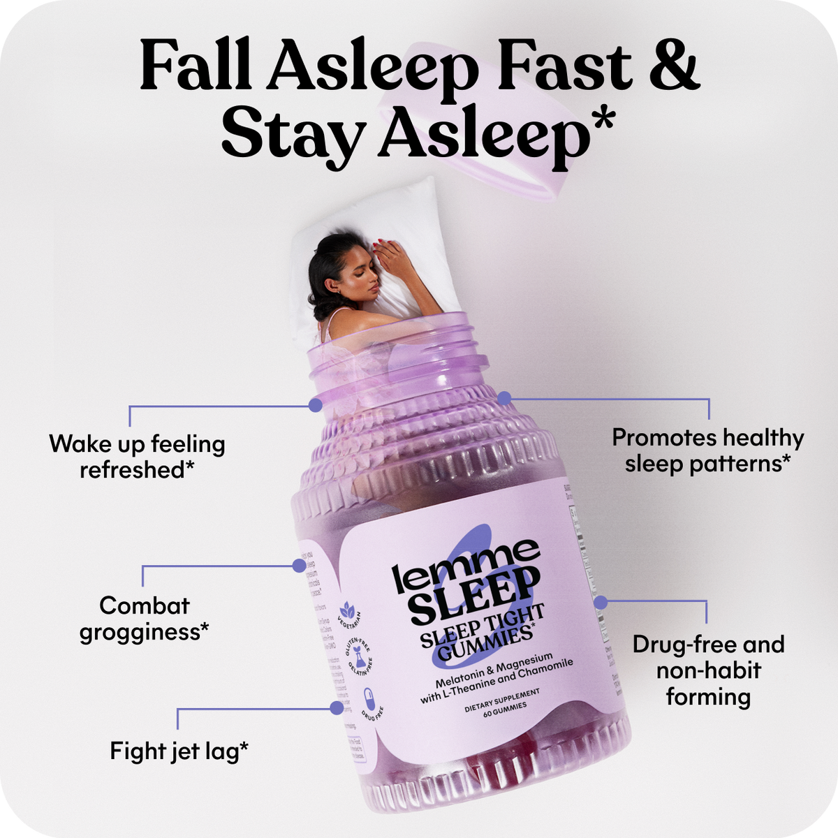Bottle of 'lemme SLEEP' sleep gummies with text highlighting benefits on a light background