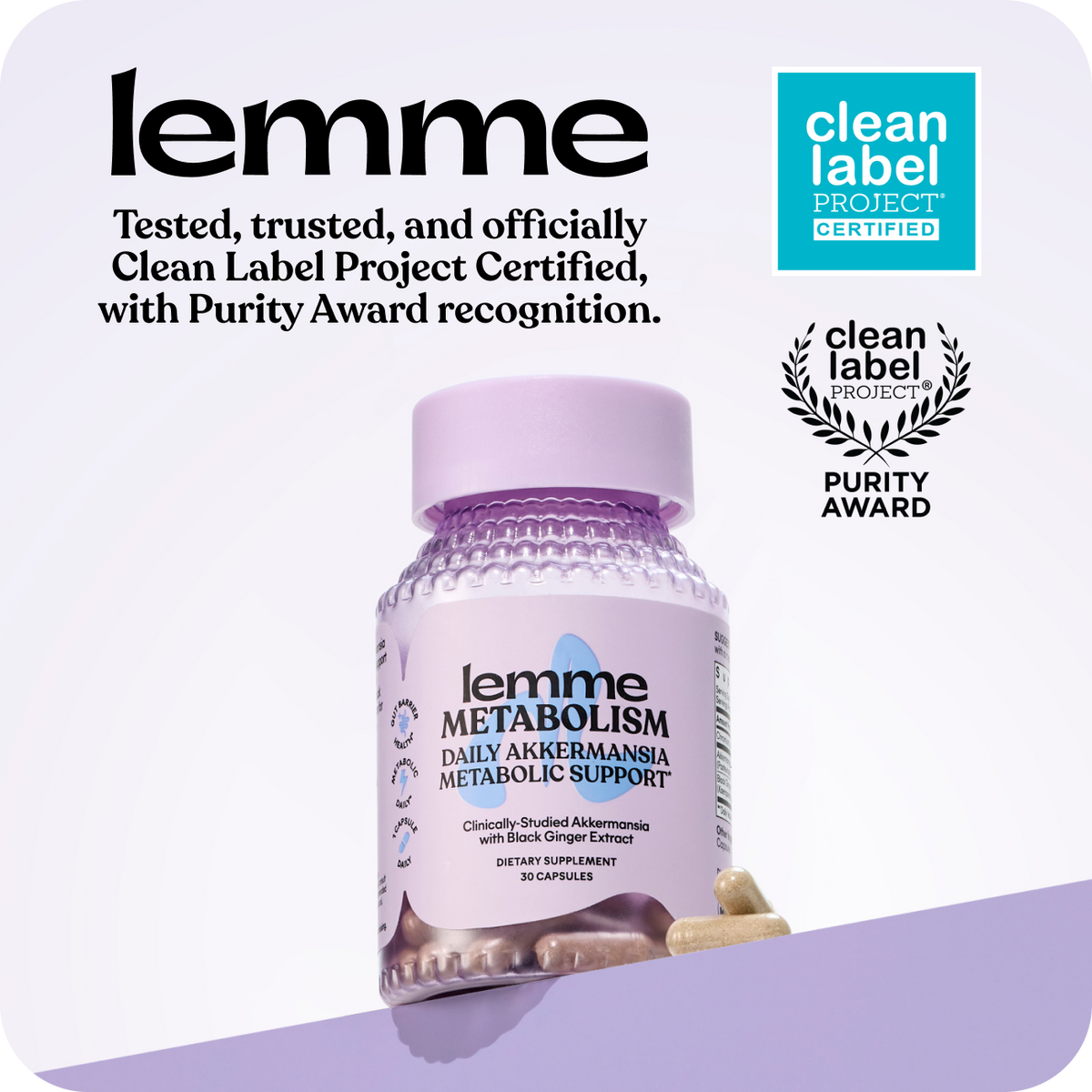  'lemme' branding and Clean Label Project certification on a white background