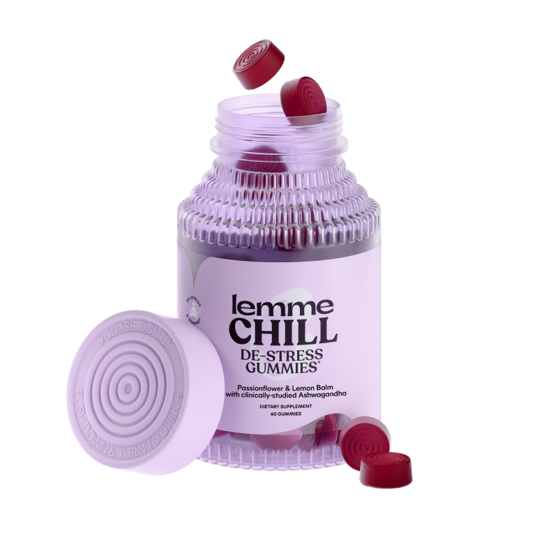 Jar of 'lemme CHILL De-Stress Gummies' with a white background
