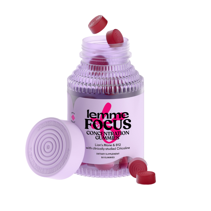 Jar of lemme Focus Concentration Gummies with gummy bears on a white background