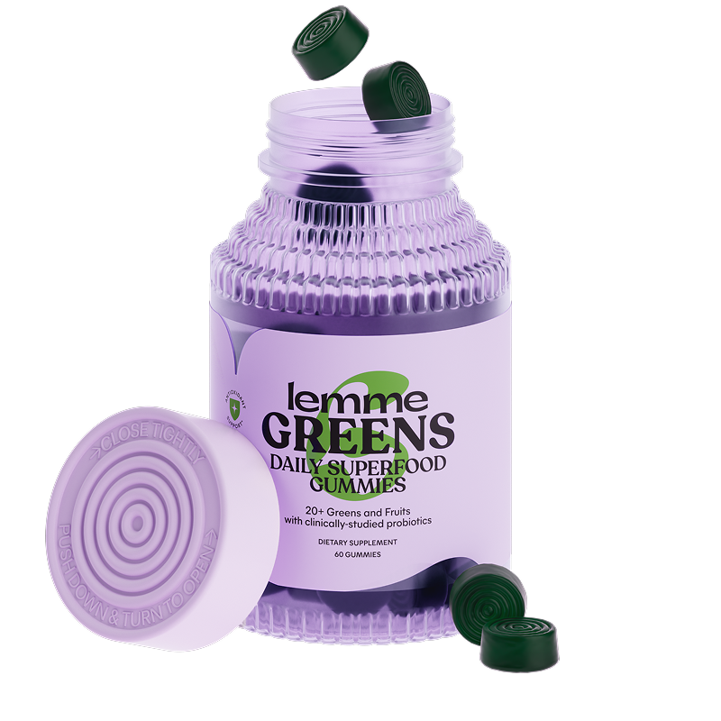 Purple container of lemme Greens Daily Superfood Gummies on a white background