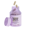 Purple jar of 'lemme Grow' hair growth and anti-shedding supplement with two capsules on a white background